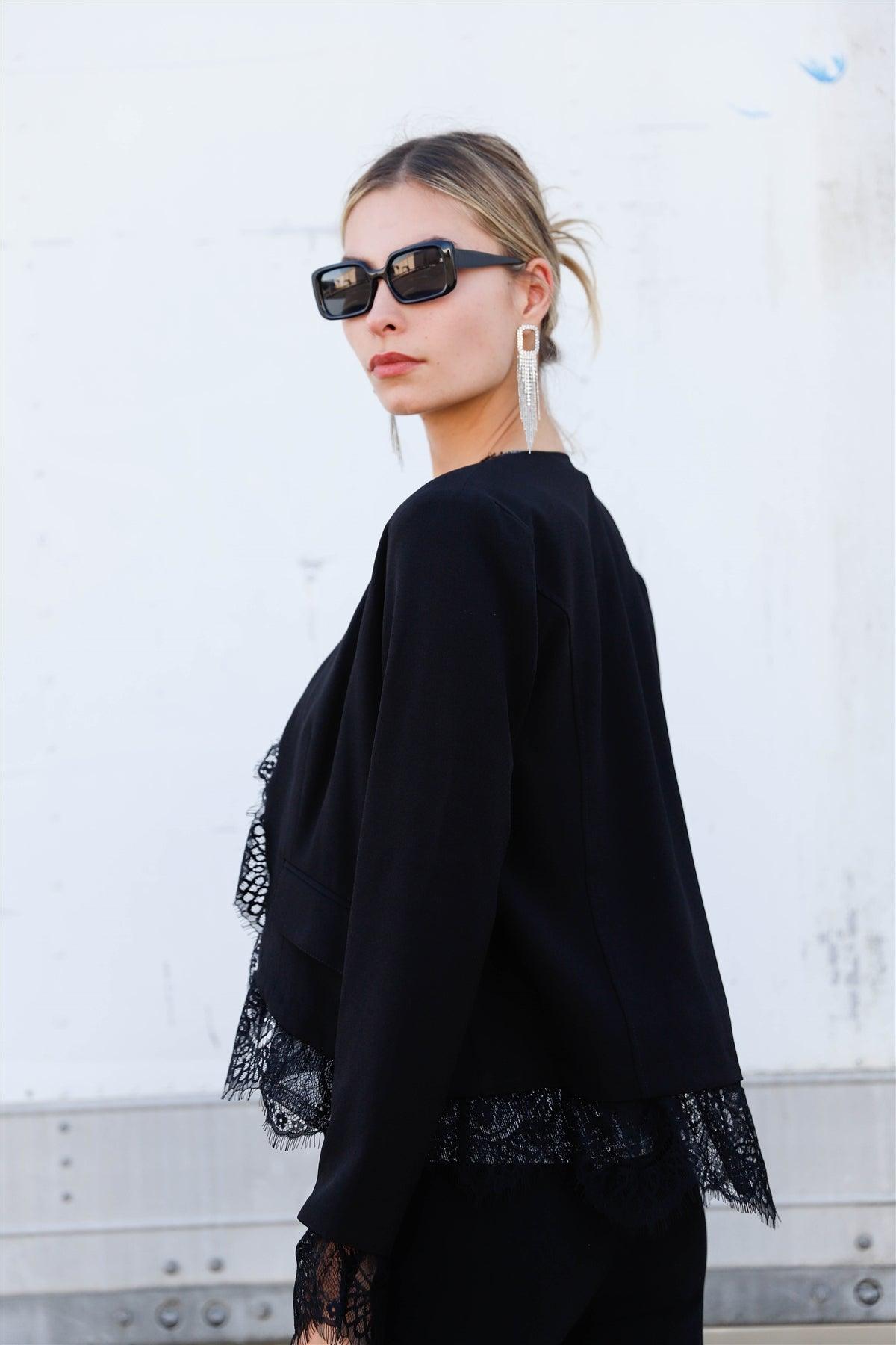 Lady Boss Black Lace Underline Trim Long Sleeve Open Front Blazer Jacket /1-2-2-1