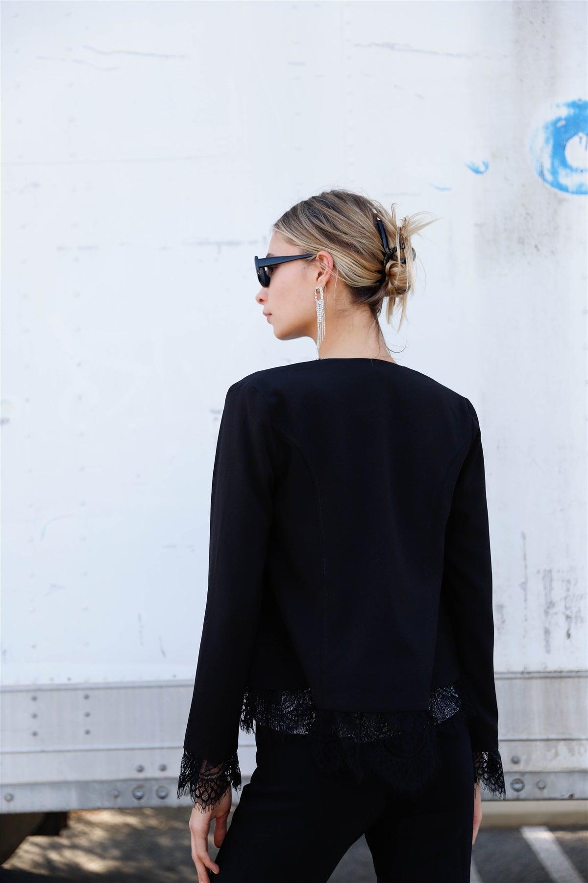 Lady Boss Black Lace Underline Trim Long Sleeve Open Front Blazer Jacket /1-2-2-1