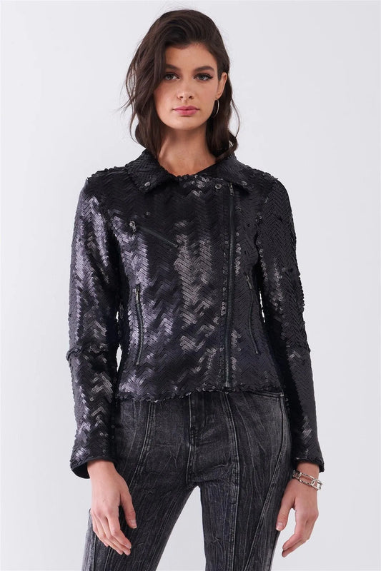 Black Matte Sequin Long Zip-Up Sleeve Oblique Zipper Front Detail Glam Jacket /1-2-2-1 - Tasha Apparel Wholesale