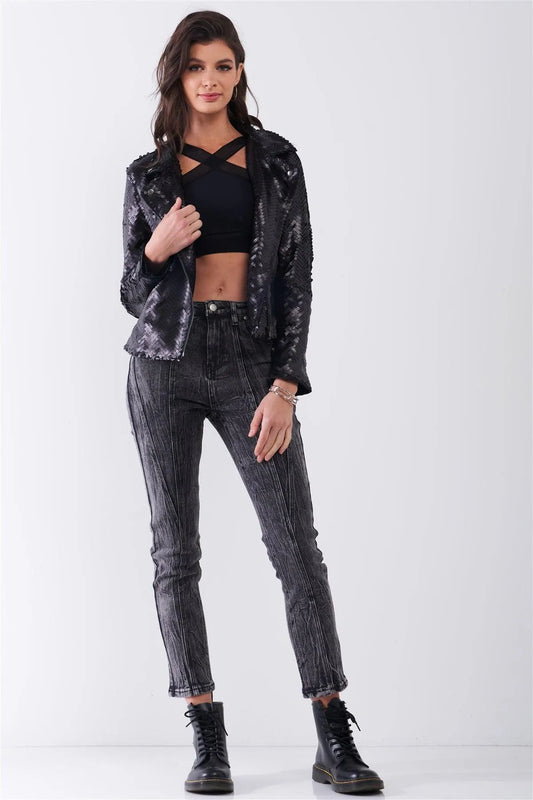 Black Matte Sequin Long Zip-Up Sleeve Oblique Zipper Front Detail Glam Jacket /1-2-3 - Tasha Apparel Wholesale
