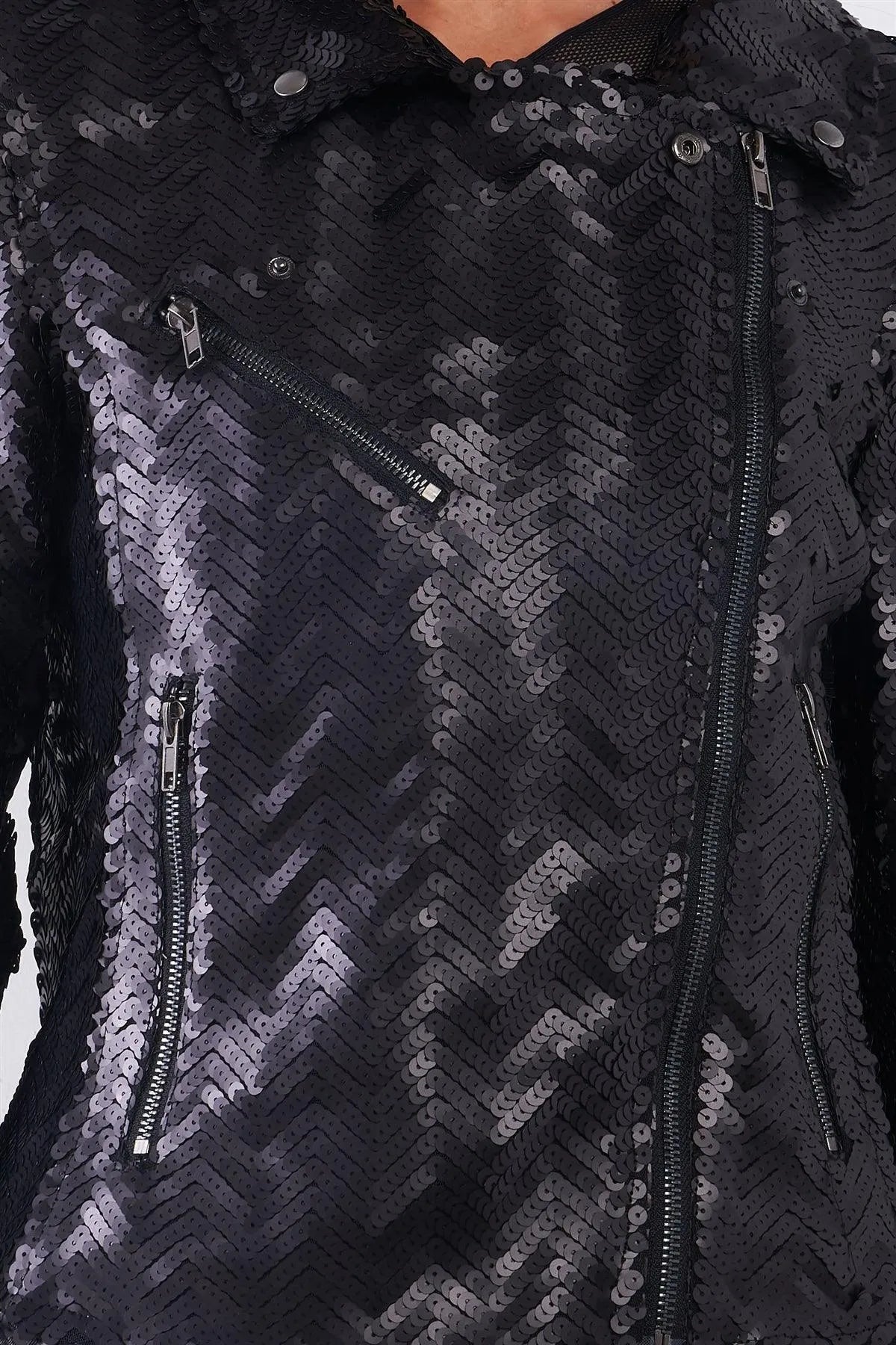 Black Matte Sequin Long Zip-Up Sleeve Oblique Zipper Front Detail Glam Jacket /1-2-3 - Tasha Apparel Wholesale