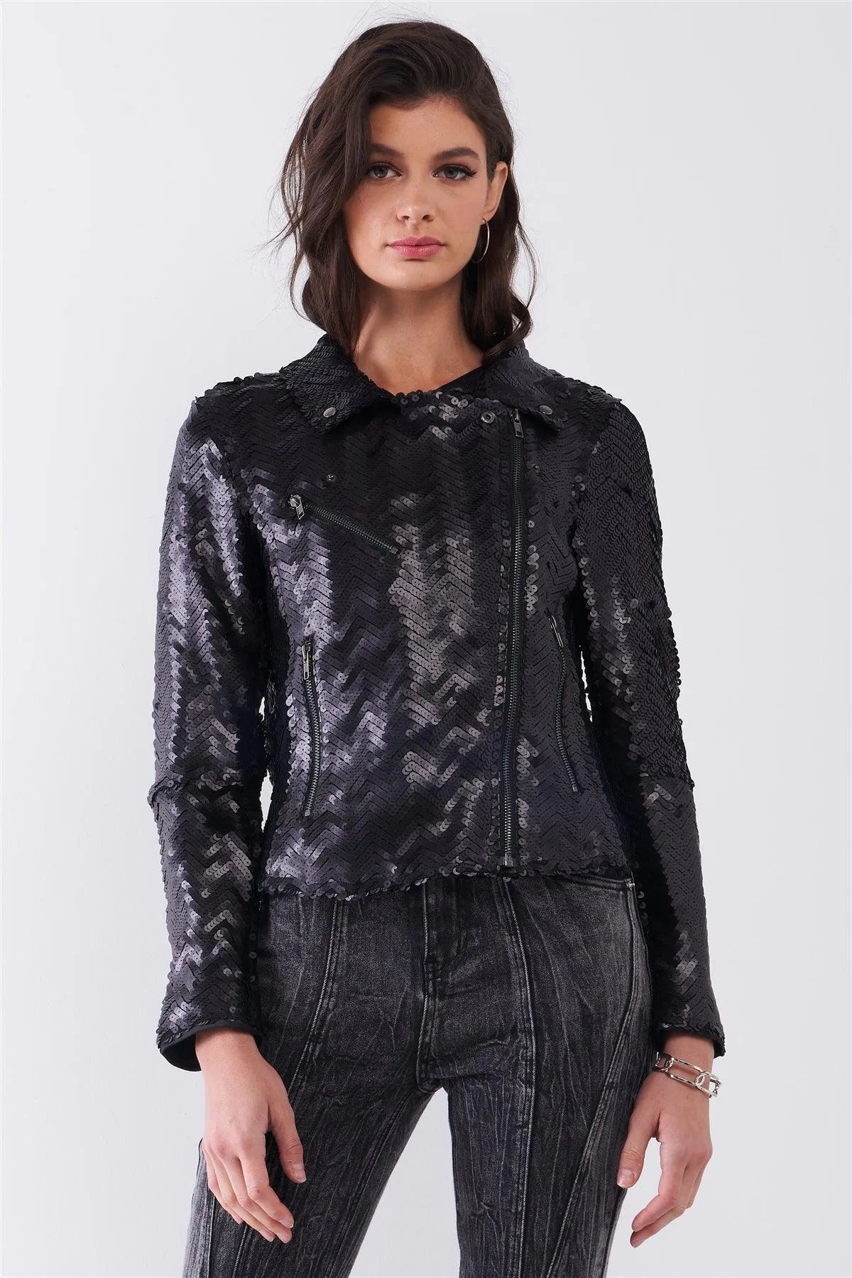 Black Matte Sequin Long Zip-Up Sleeve Oblique Zipper Front Detail Glam Jacket /1-2-3 - Tasha Apparel Wholesale