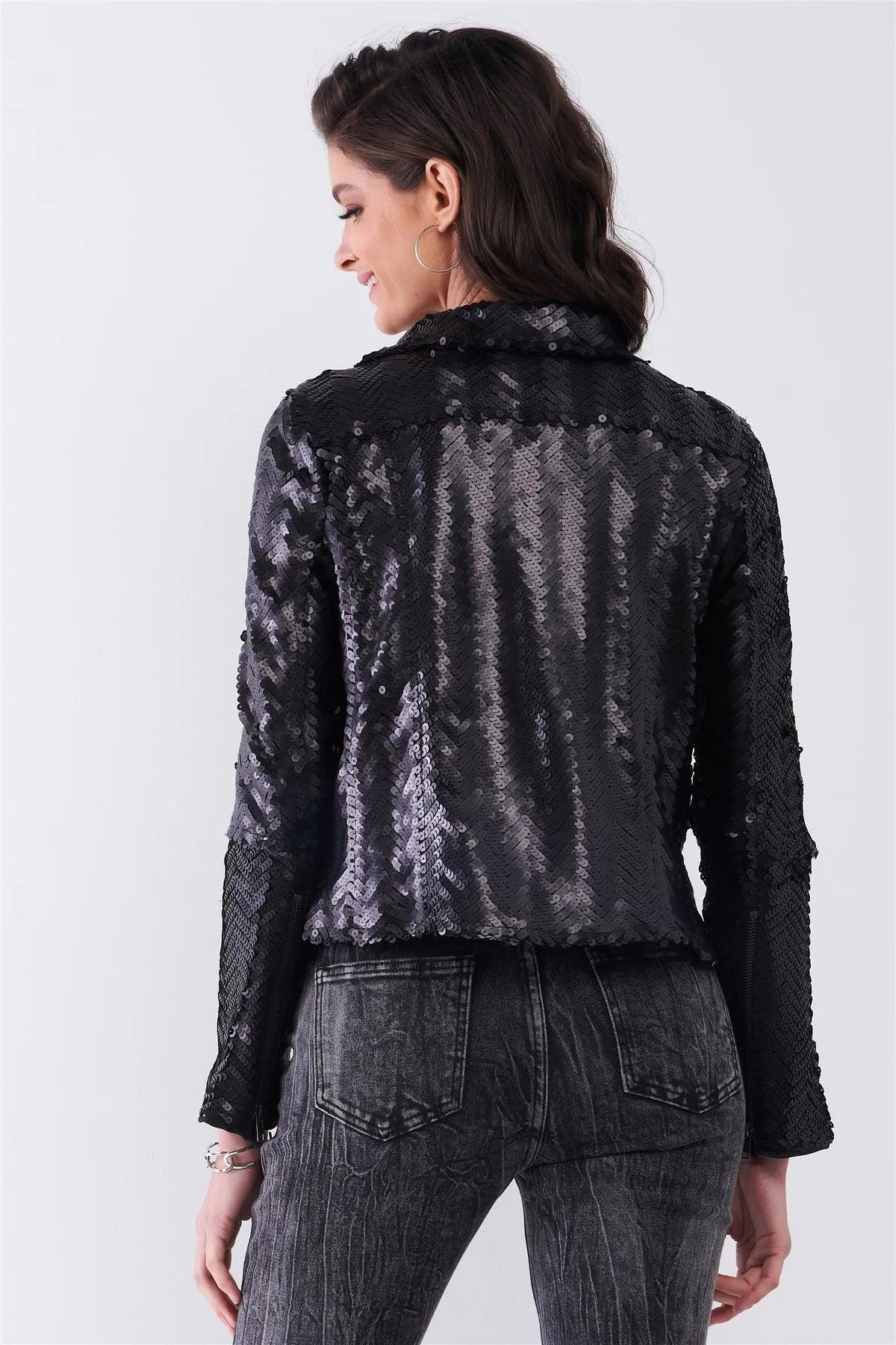 Black Matte Sequin Long Zip-Up Sleeve Oblique Zipper Front Detail Glam Jacket /1-2-3 - Tasha Apparel Wholesale