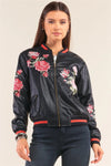 Rosa Black Vegan Leather Floral Embroidery Striped Hem Bomber Jacket /1-2-2-1 - Tasha Apparel Wholesale