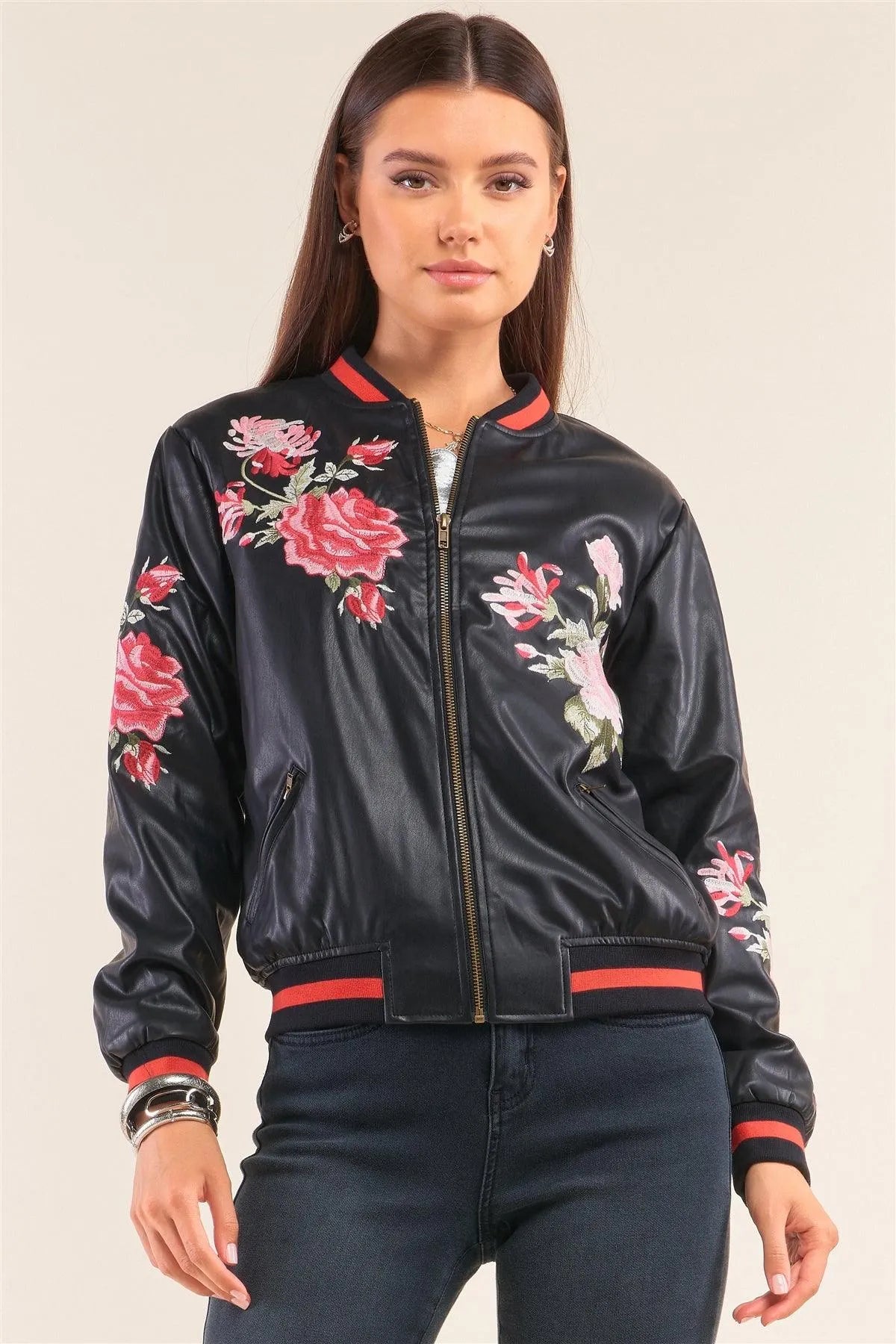 Rosa Black Vegan Leather Floral Embroidery Striped Hem Bomber Jacket /1-2-2-1 - Tasha Apparel Wholesale