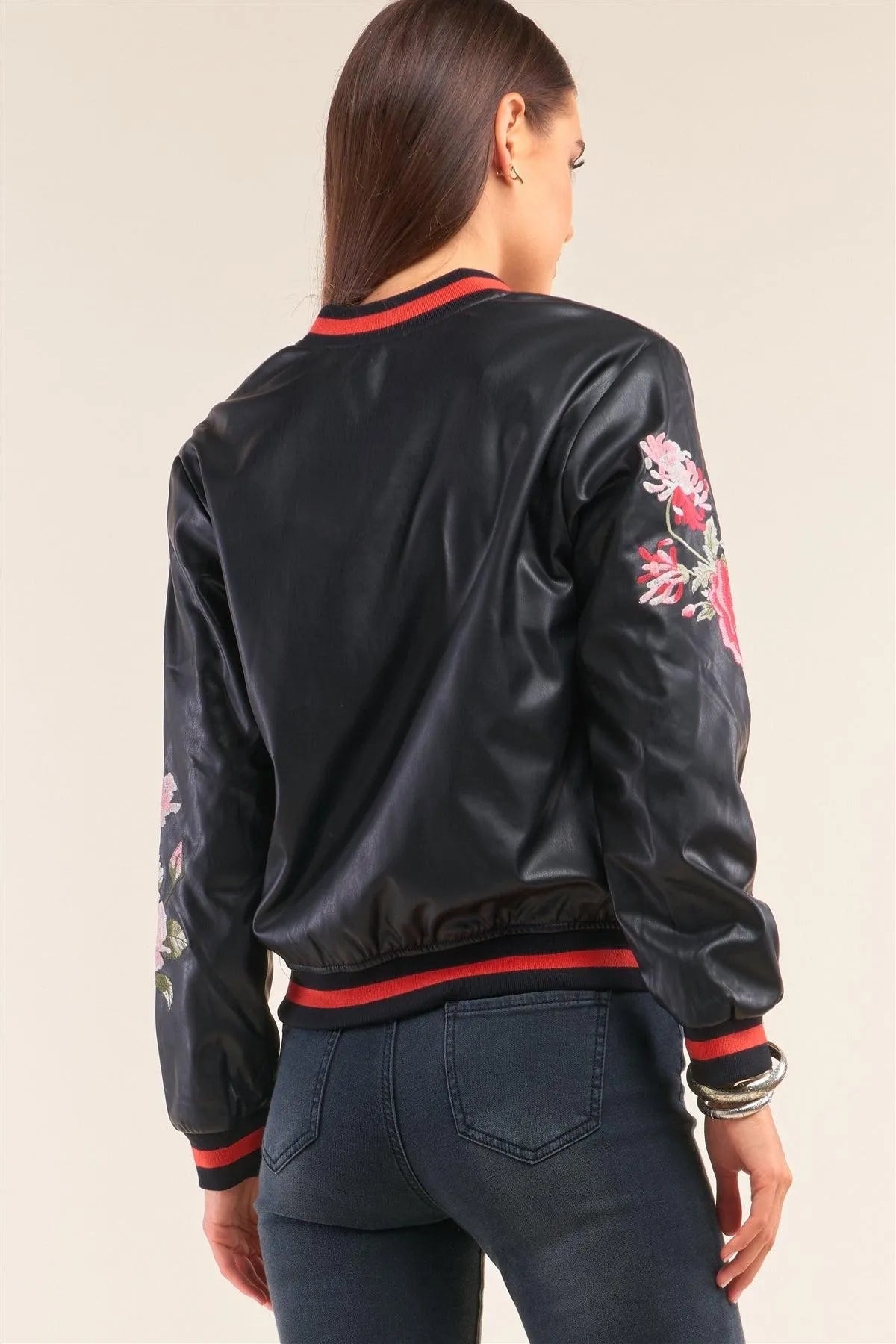 Rosa Black Vegan Leather Floral Embroidery Striped Hem Bomber Jacket /1-2-2-1 - Tasha Apparel Wholesale