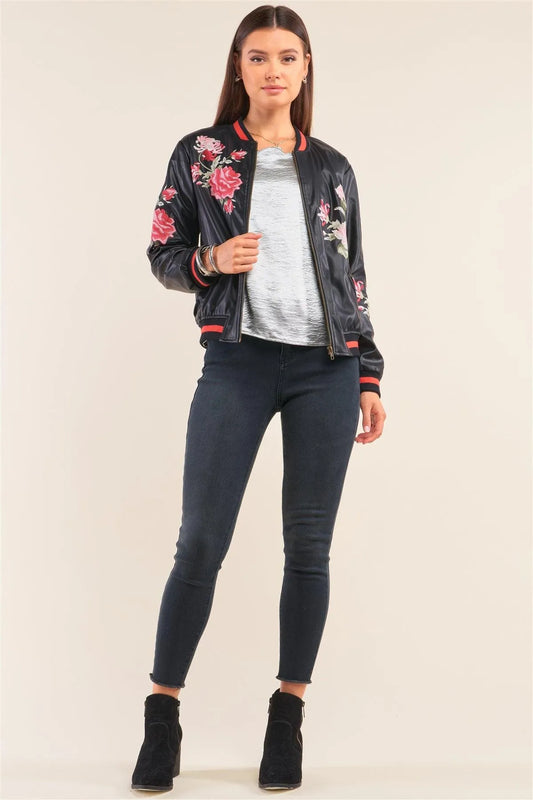 Rosa Black Vegan Leather Floral Embroidery Striped Hem Bomber Jacket /3-3 - Tasha Apparel Wholesale