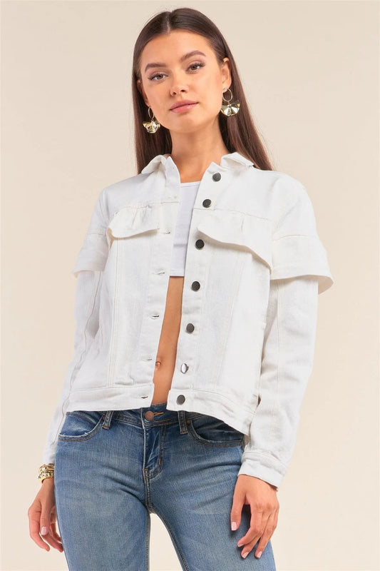 Solid White Long Sleeve Button Down Ruffle Hem Denim Jacket /1-2-2-1 - Tasha Apparel Wholesale
