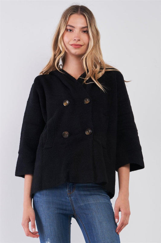 Black Knit Buttoned Front 3/4 Sleeve Hooded Cardigan