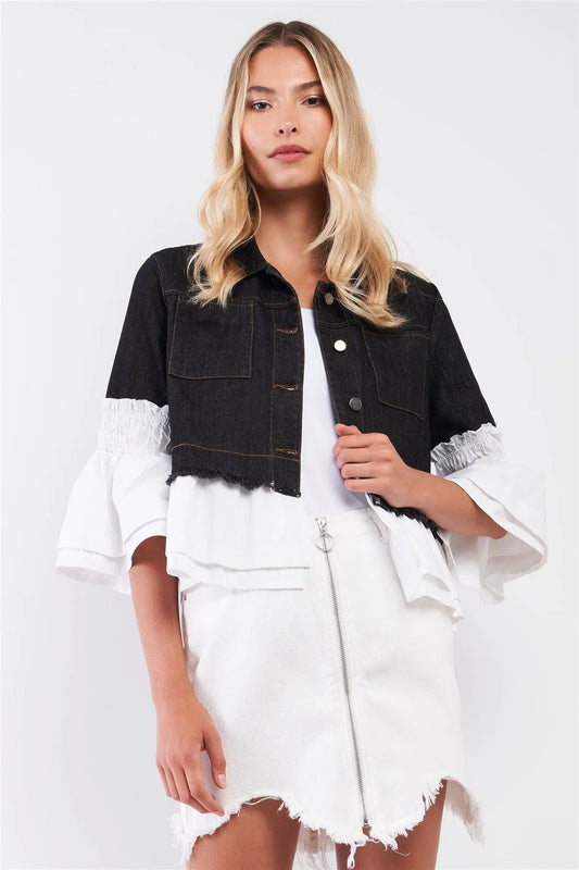 Black Denim & White Combo 3/4 Bell Sleeve Cropped Jacket /1-2-2-1 - Tasha Apparel Wholesale