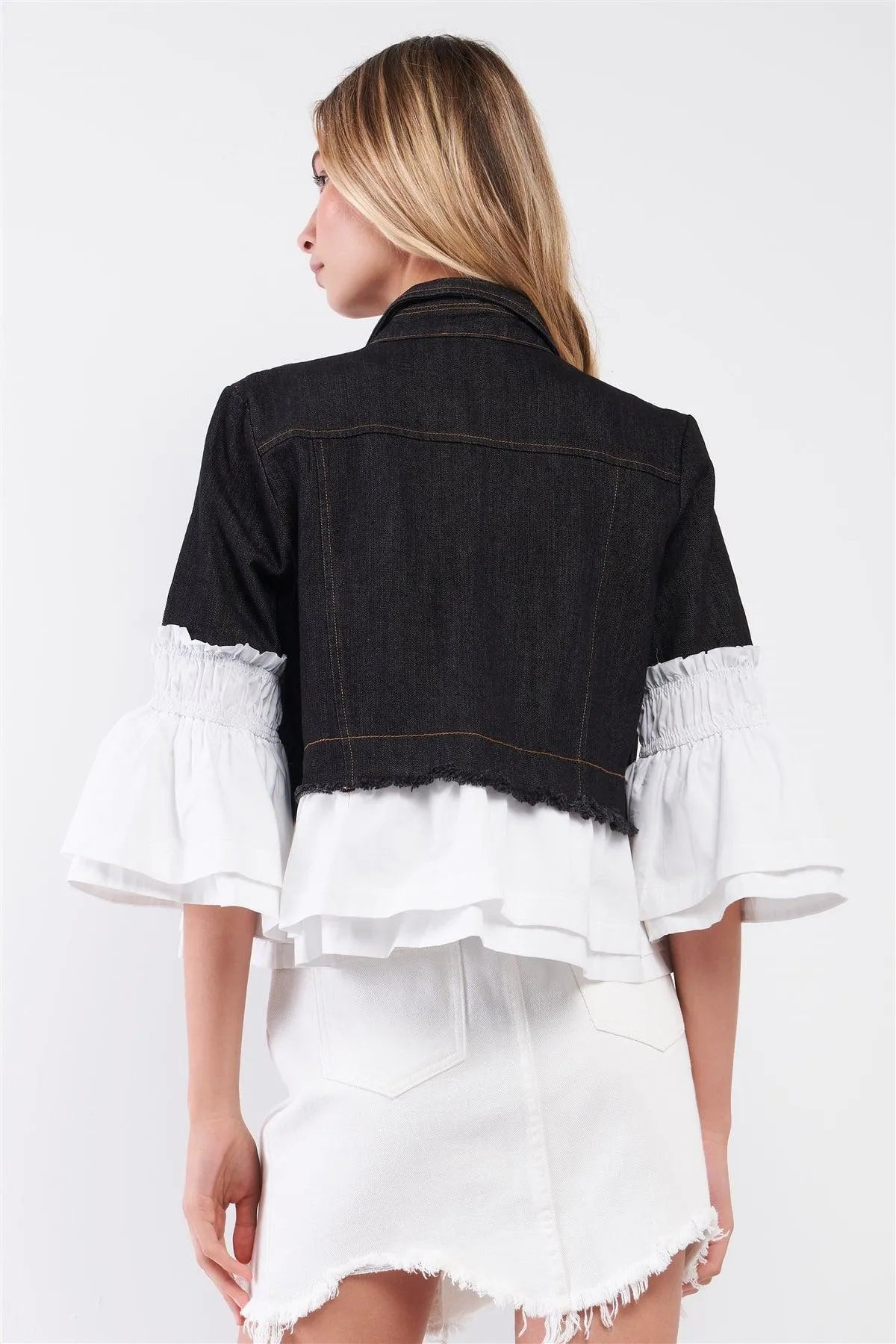 Black Denim & White Combo 3/4 Bell Sleeve Cropped Jacket /1-2-2-1 - Tasha Apparel Wholesale