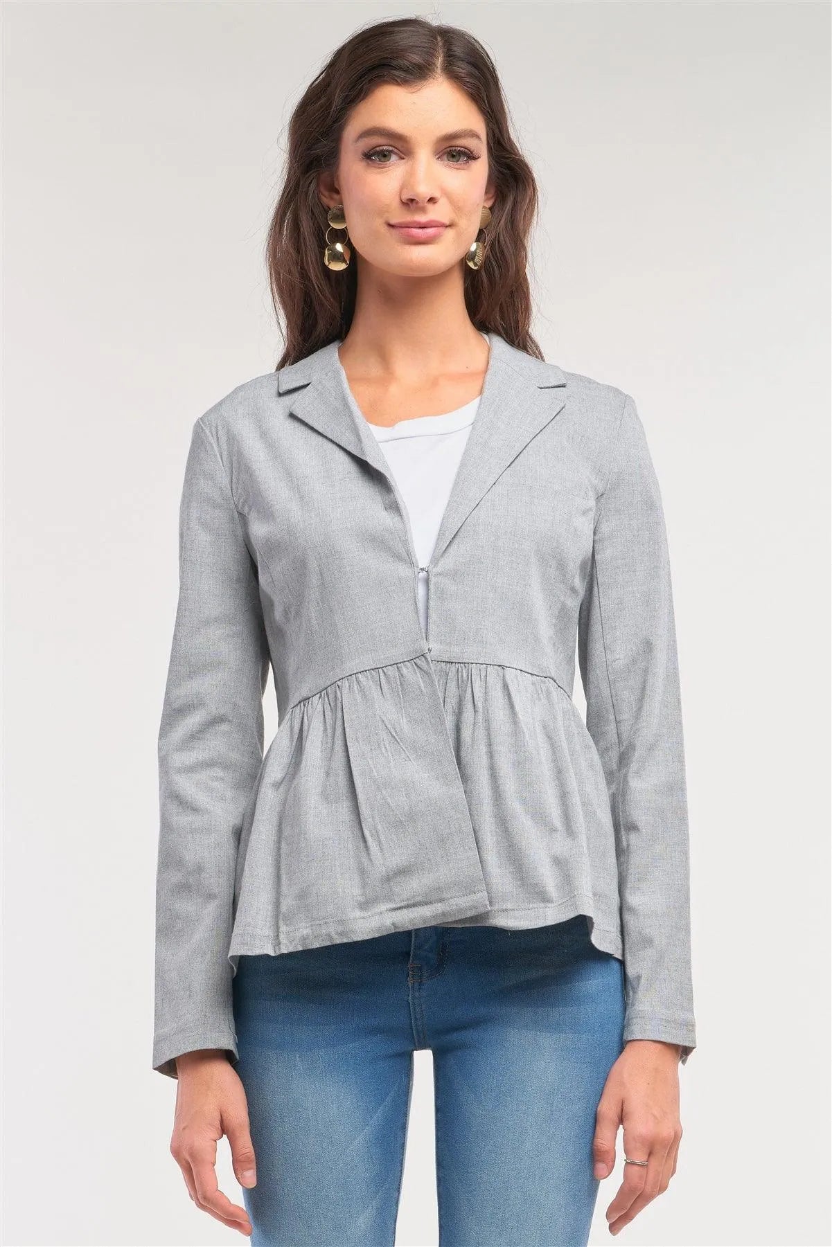 Grey Long Sleeve Open Front Flare Bottom Babydoll Jacket /1-2-2-1 - Tasha Apparel Wholesale