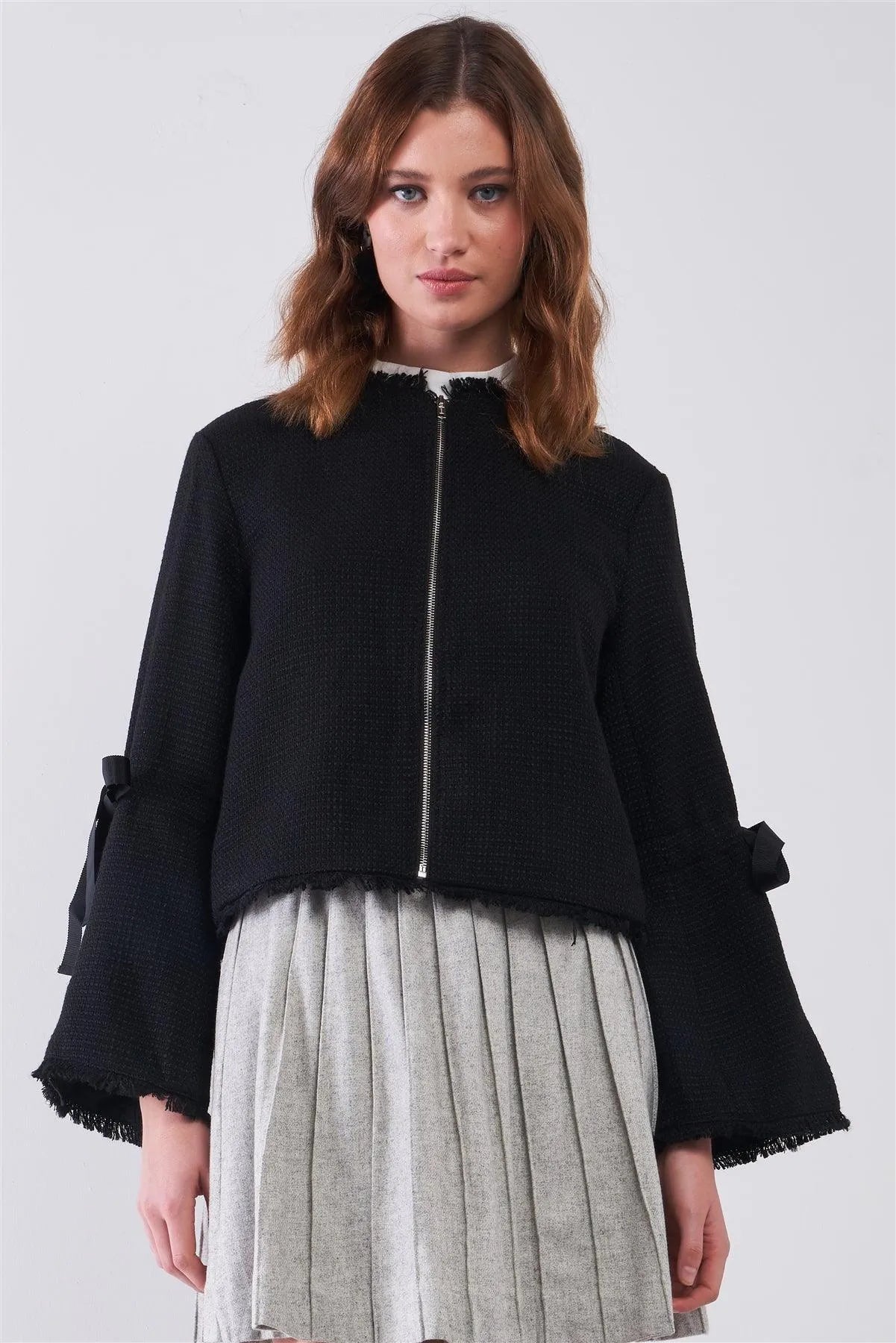 Black Bow Detail Long Trumpet Sleeve Raw Hem Tweed Jacket /1-2-1 - Tasha Apparel Wholesale
