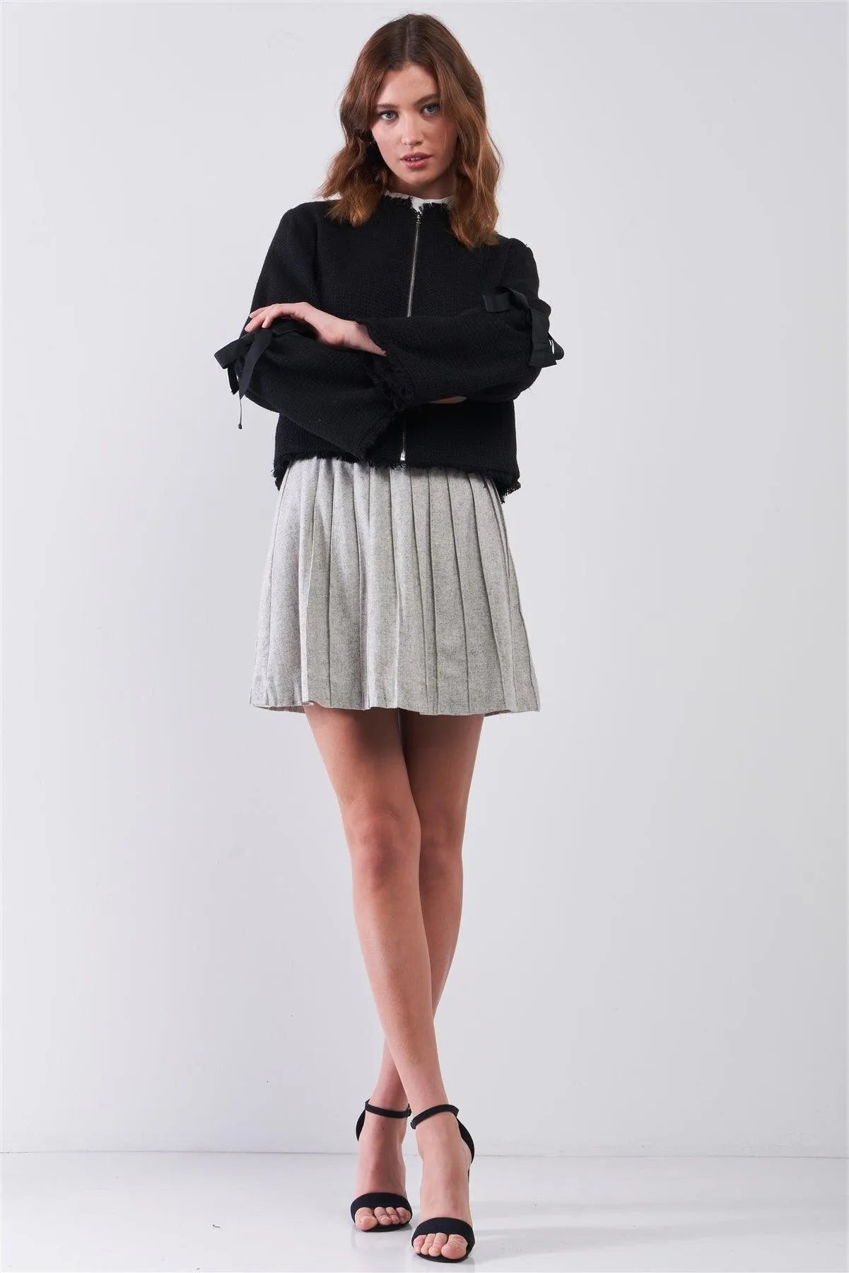 Black Bow Detail Long Trumpet Sleeve Raw Hem Tweed Jacket /1-2-1 - Tasha Apparel Wholesale
