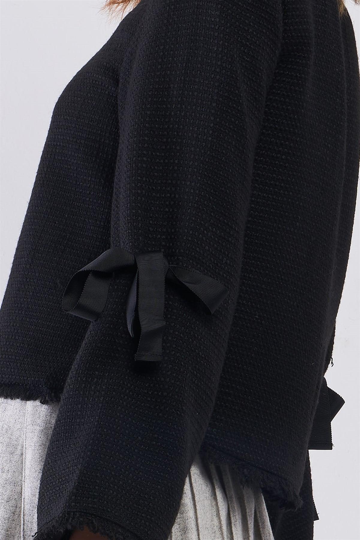 Black Bow Detail Long Trumpet Sleeve Raw Hem Tweed Jacket /1-2-1