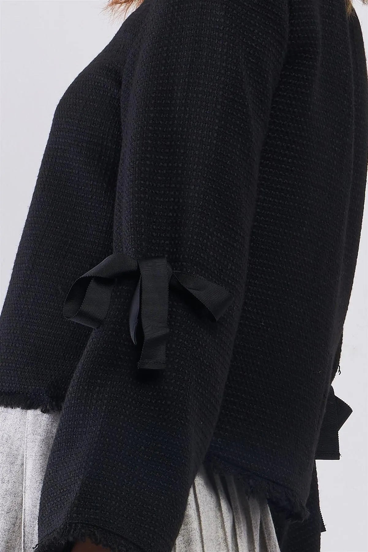 Black Bow Detail Long Trumpet Sleeve Raw Hem Tweed Jacket /1-2-1 - Tasha Apparel Wholesale