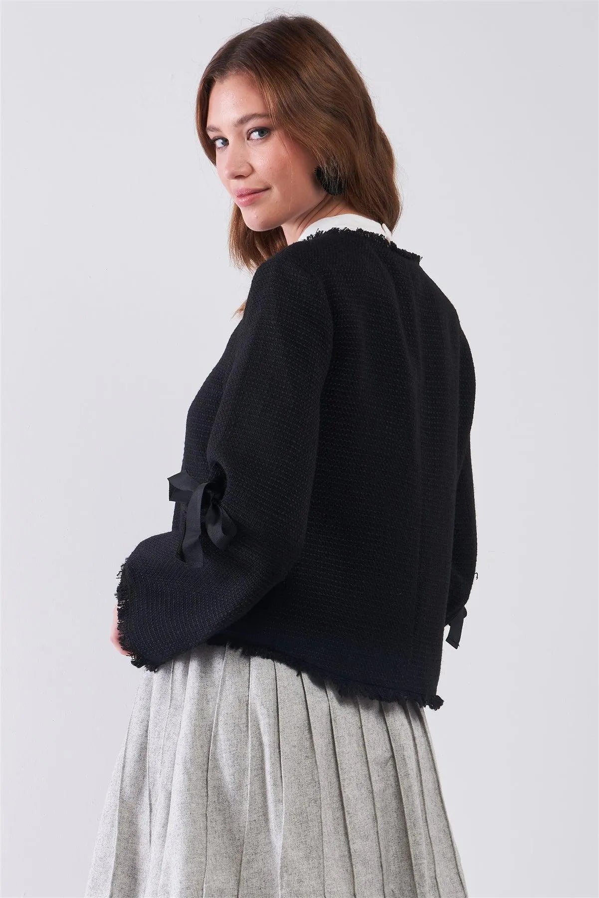 Black Bow Detail Long Trumpet Sleeve Raw Hem Tweed Jacket /1-2-1 - Tasha Apparel Wholesale