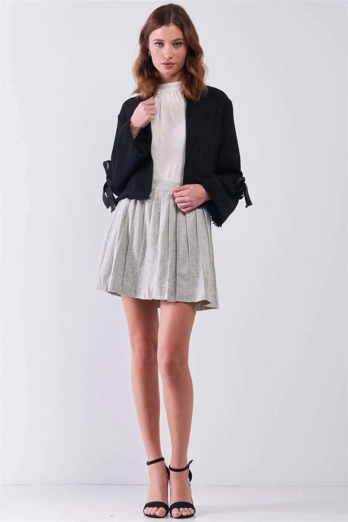 Black Bow Detail Long Trumpet Sleeve Raw Hem Tweed Jacket /1-2-1 - Tasha Apparel Wholesale