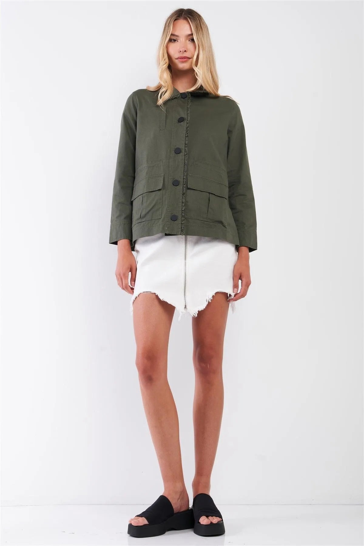 Olive Frill Trim Babydoll Collar Button-Down Front Adjustable Fitness Summer Jacket /1-2-2 - Tasha Apparel Wholesale