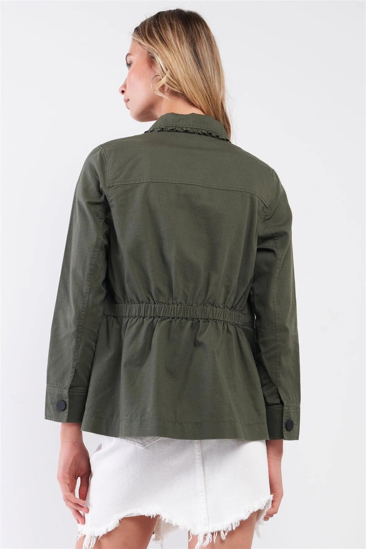 Olive Frill Trim Babydoll Collar Button-Down Front Adjustable Fitness Summer Jacket /1-2-2 - Tasha Apparel Wholesale