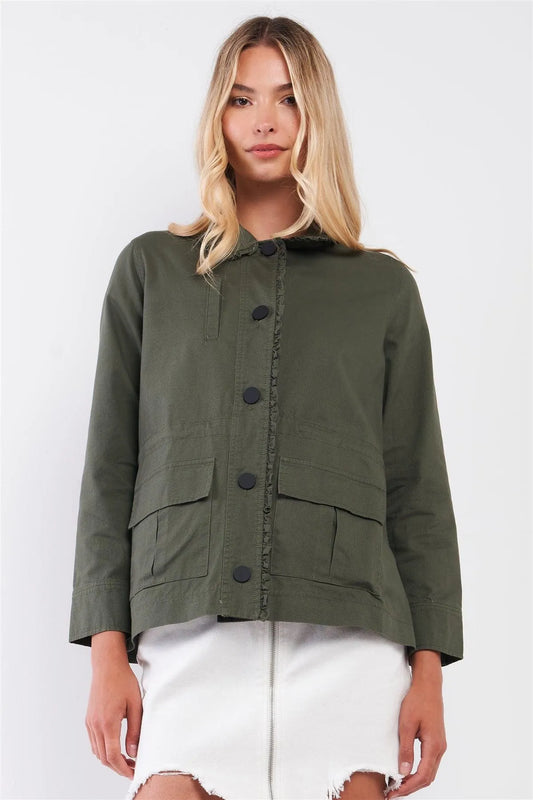 Olive Frill Trim Babydoll Collar Button-Down Front Adjustable Fitness Summer Jacket /1-2-2-1 - Tasha Apparel Wholesale