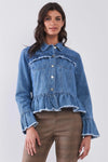 Denim-Blue Long Sleeve Raw Ruffle Hem Jacket /1-1-2-1 - Tasha Apparel Wholesale