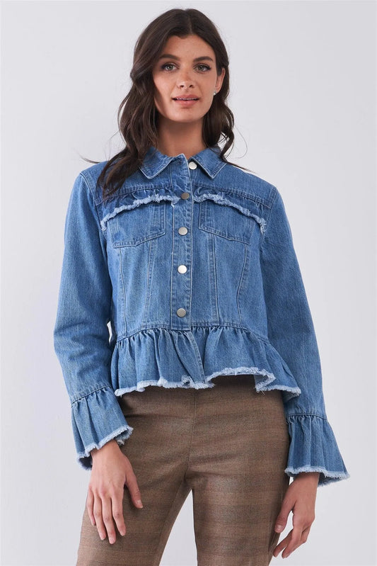 Denim-Blue Long Sleeve Raw Ruffle Hem Jacket /1-1-2-1 - Tasha Apparel Wholesale