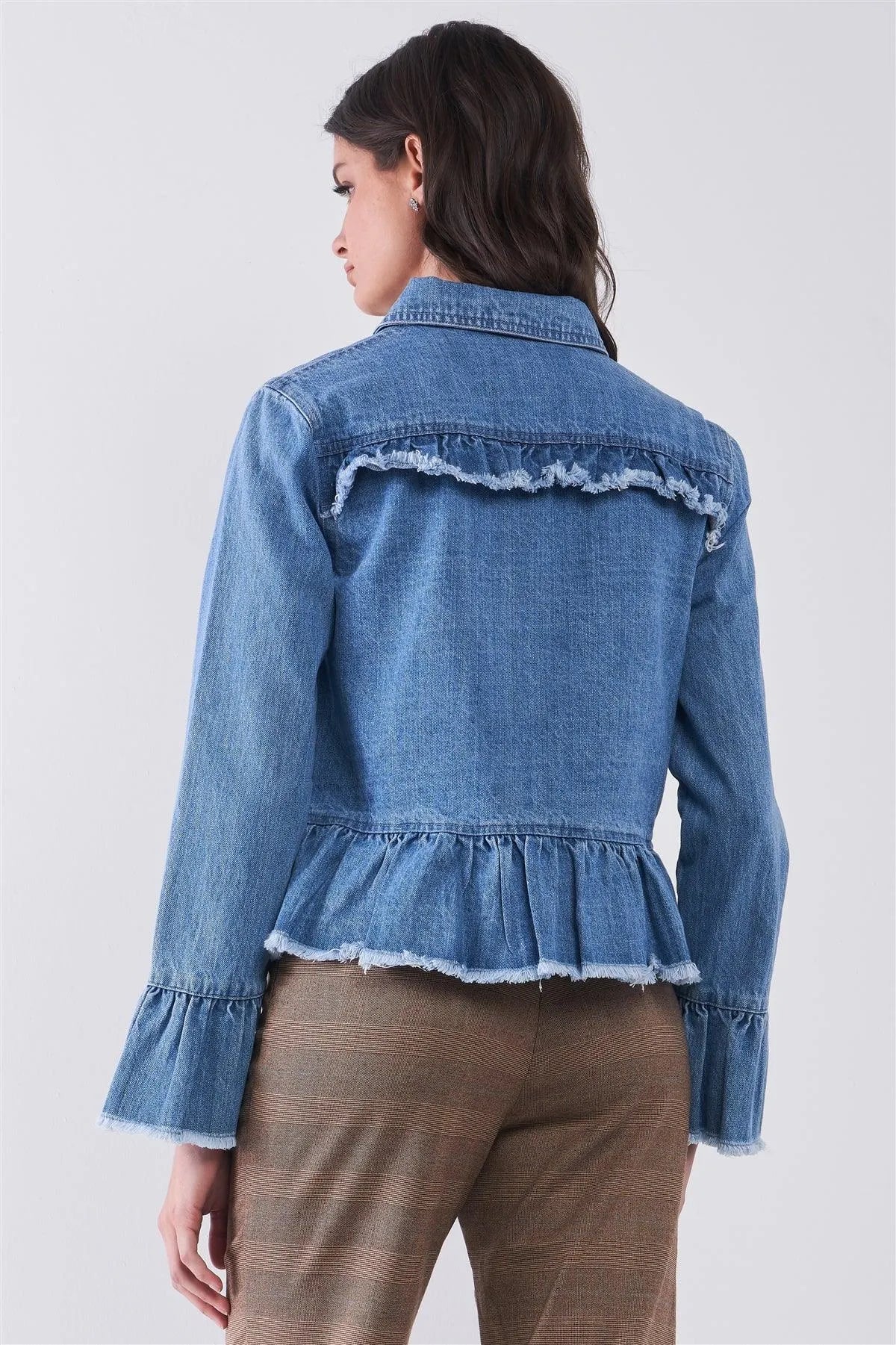 Denim-Blue Long Sleeve Raw Ruffle Hem Jacket /1-1-2-1 - Tasha Apparel Wholesale