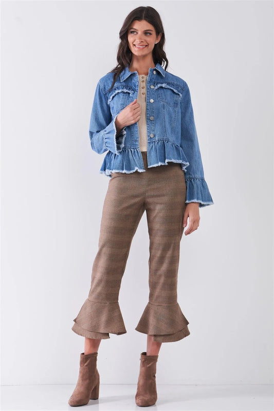 Denim-Blue Long Sleeve Raw Ruffle Hem Jacket /1-3-2-1 - Tasha Apparel Wholesale