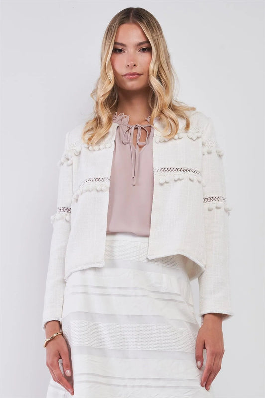Boho White Tweed Round Neck Long Sleeve Pom Pom Trim Detail Open Front Jacket /1-2-2-1 - Tasha Apparel Wholesale