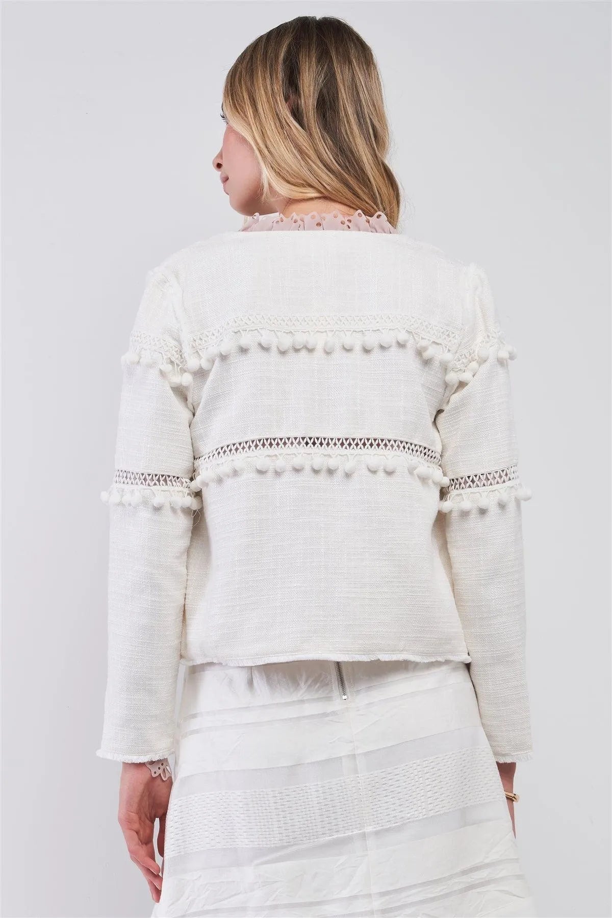 Boho White Tweed Round Neck Long Sleeve Pom Pom Trim Detail Open Front Jacket /1-2-2-1 - Tasha Apparel Wholesale