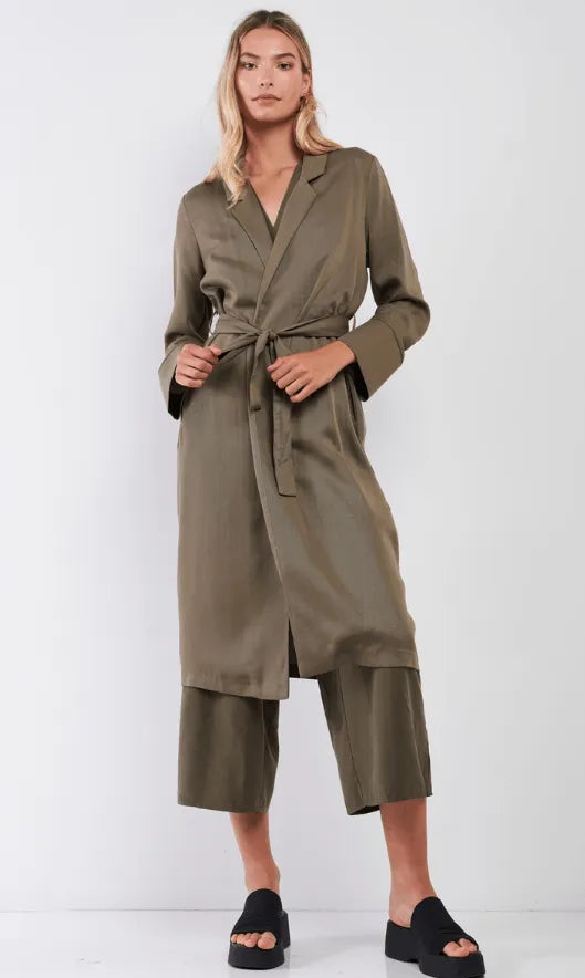 Olive Back Floral Embroidery Open Front Self Tie Duster Kimono Coat - Tasha Apparel Wholesale