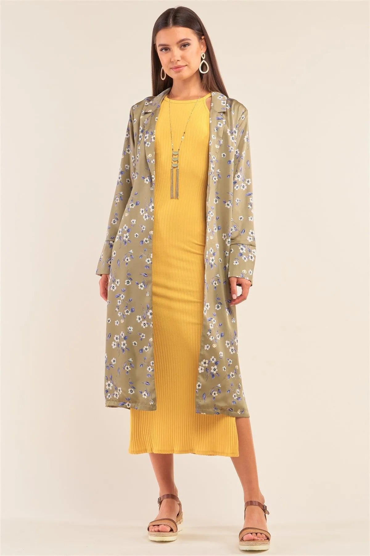 Green Multi Floral Satin Open Front Self Tie Duster Coat - Tasha Apparel Wholesale
