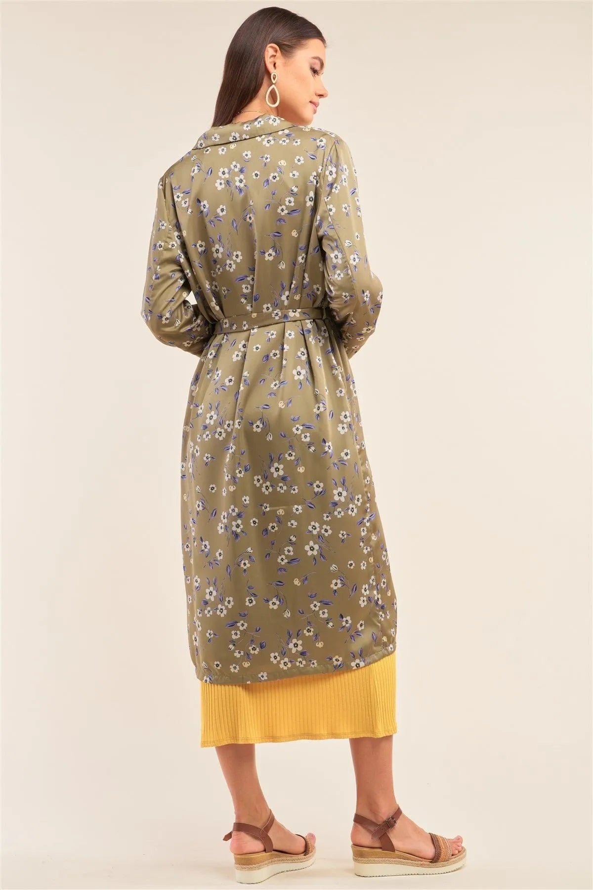 Green Multi Floral Satin Open Front Self Tie Duster Coat - Tasha Apparel Wholesale