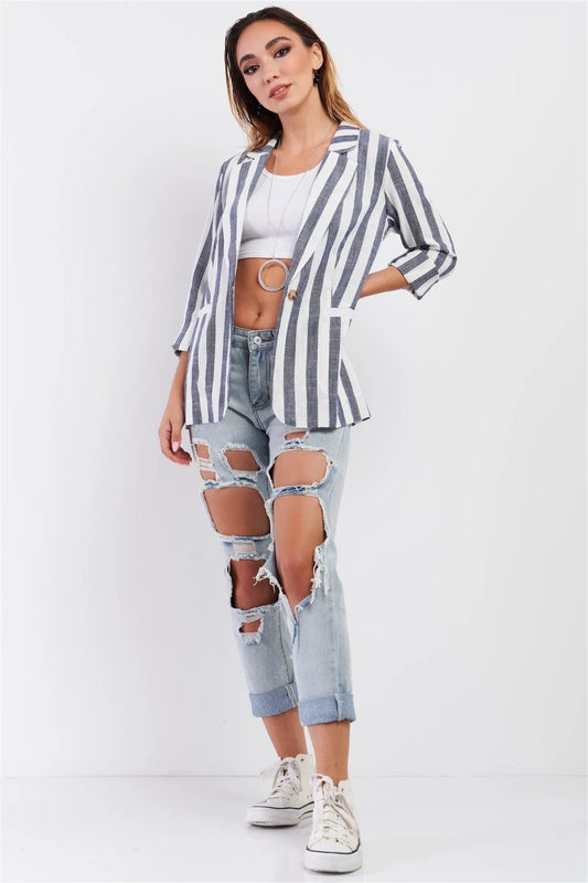 Navy White Striped Single Breasted Blazer /1-2-2-1 - Tasha Apparel Wholesale