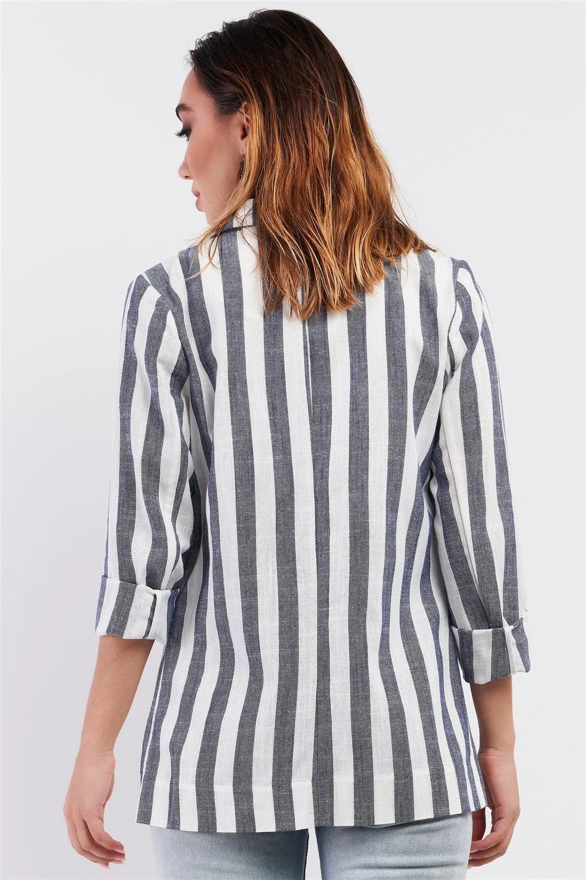 Navy White Striped Single Breasted Blazer /1-2-2-1 - Tasha Apparel Wholesale
