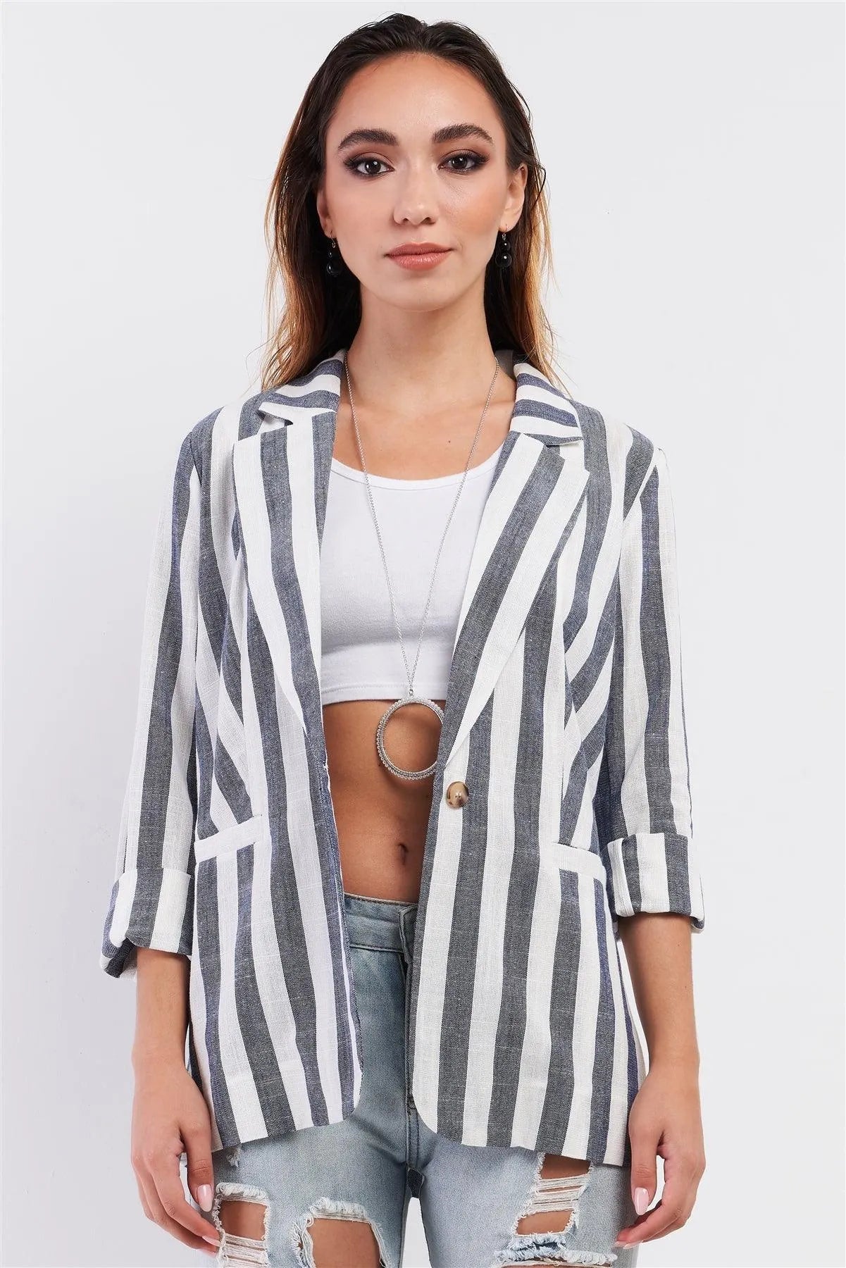 Navy White Striped Single Breasted Blazer /1-2-2-1 - Tasha Apparel Wholesale
