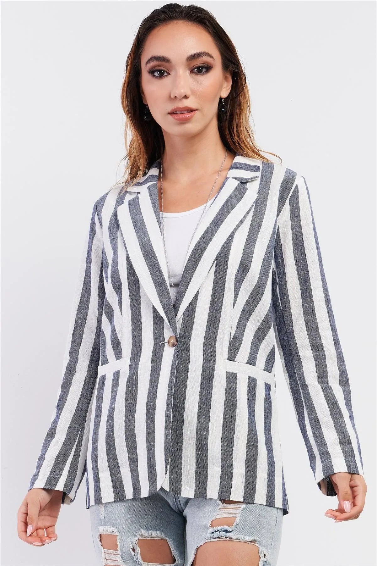 Navy White Striped Single Breasted Blazer /1-2-2-1 - Tasha Apparel Wholesale