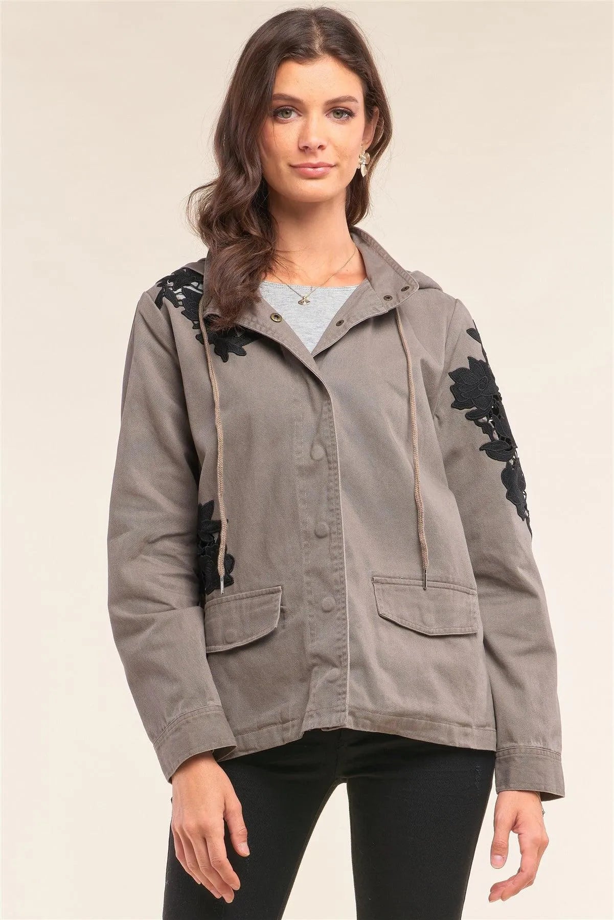 Dark Olive Crochet Embroidery Detail Long Sleeve Button Down Aglet Tip Draw String Tie Hood Jacket /1-2-2-1 - Tasha Apparel Wholesale