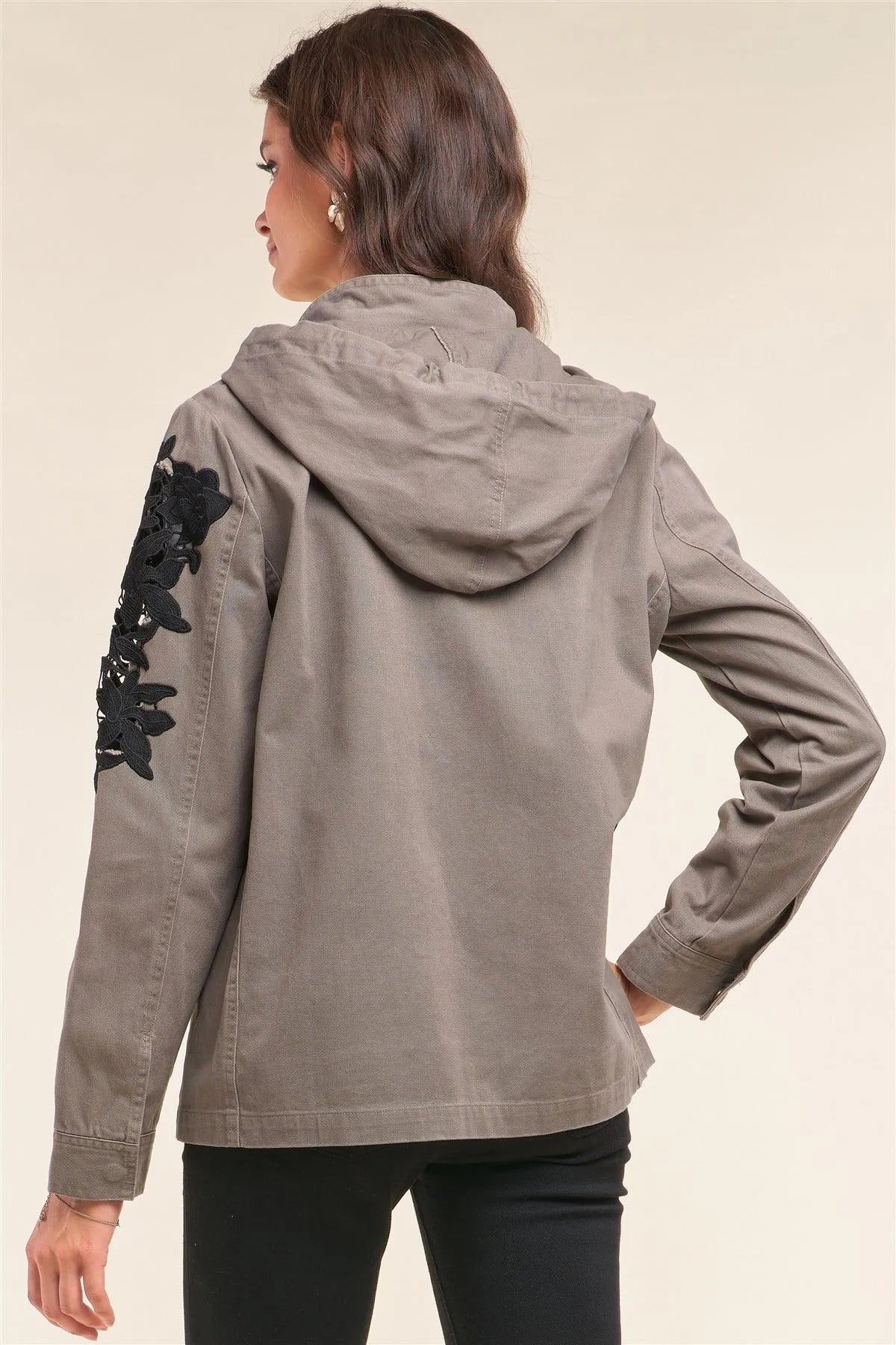 Dark Olive Crochet Embroidery Detail Long Sleeve Button Down Aglet Tip Draw String Tie Hood Jacket /1-2-2-1 - Tasha Apparel Wholesale