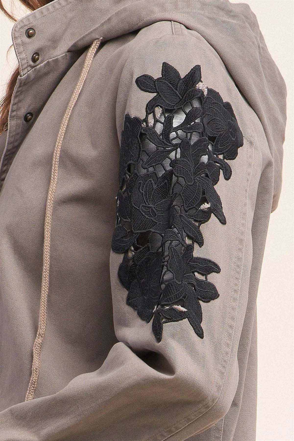 Dark Olive Crochet Embroidery Detail Long Sleeve Button Down Aglet Tip Draw String Tie Hood Jacket /1-2-2-1 - Tasha Apparel Wholesale