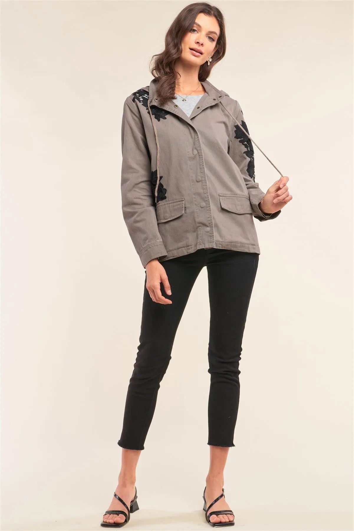 Dark Olive Crochet Embroidery Detail Long Sleeve Button Down Aglet Tip Draw String Tie Hood Jacket /1-2-2-1 - Tasha Apparel Wholesale
