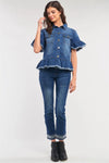 Medium Blue Washed Denim Effect Short Sleeve Button-Down Front Flare Shredded Hem Shirt Jacket /2-1-3 - Tasha Apparel Wholesale