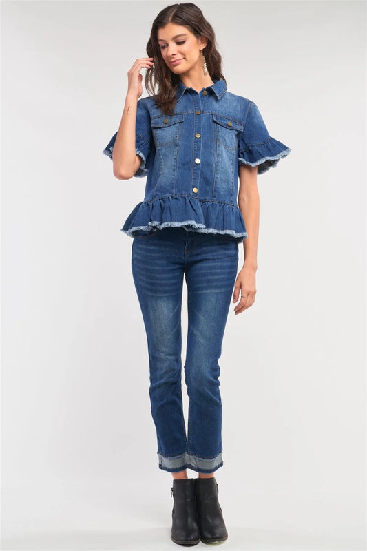 Medium Blue Washed Denim Effect Short Sleeve Button-Down Front Flare Shredded Hem Shirt Jacket /2-1-3 - Tasha Apparel Wholesale