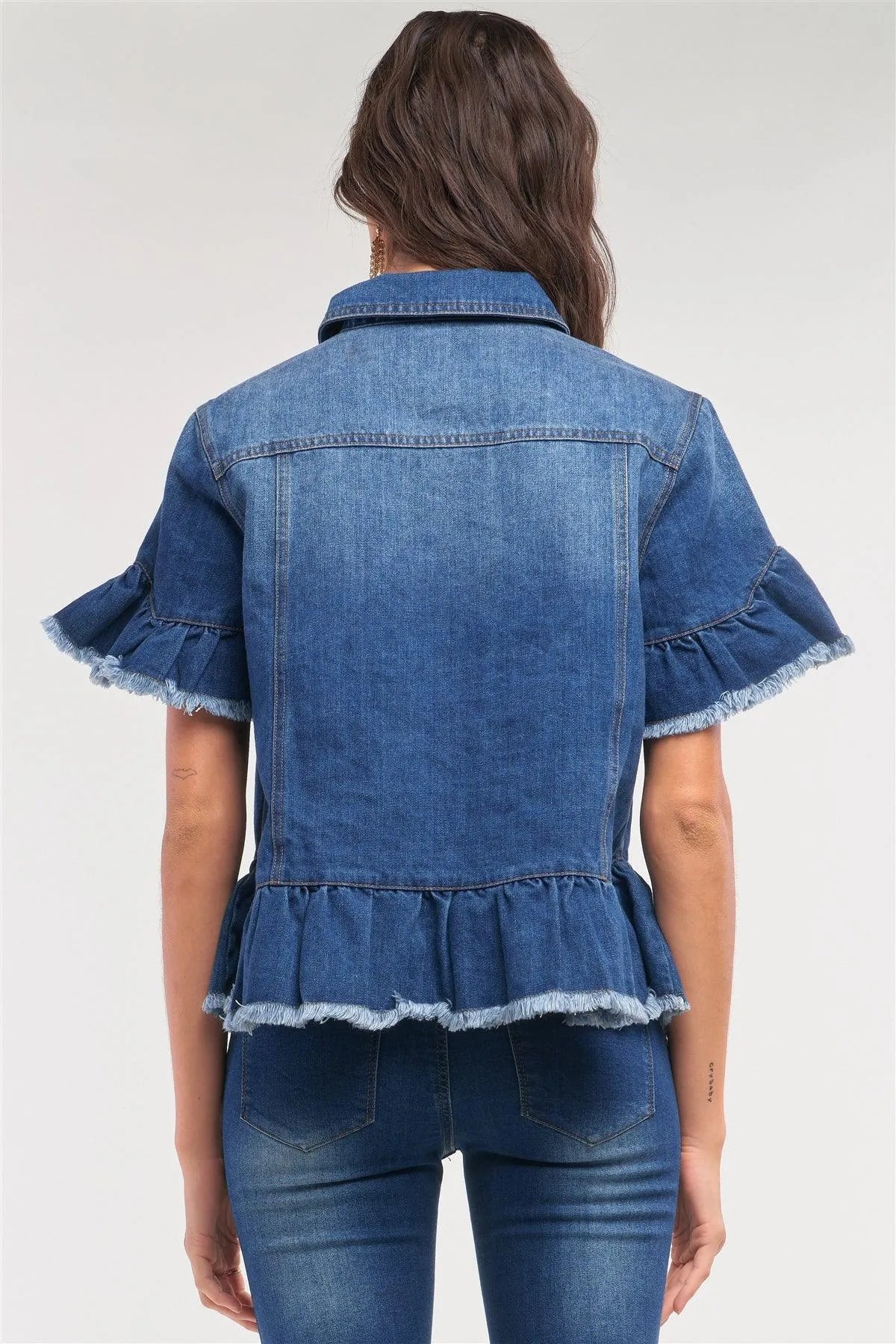 Medium Blue Washed Denim Effect Short Sleeve Button-Down Front Flare Shredded Hem Shirt Jacket /2-1-3 - Tasha Apparel Wholesale