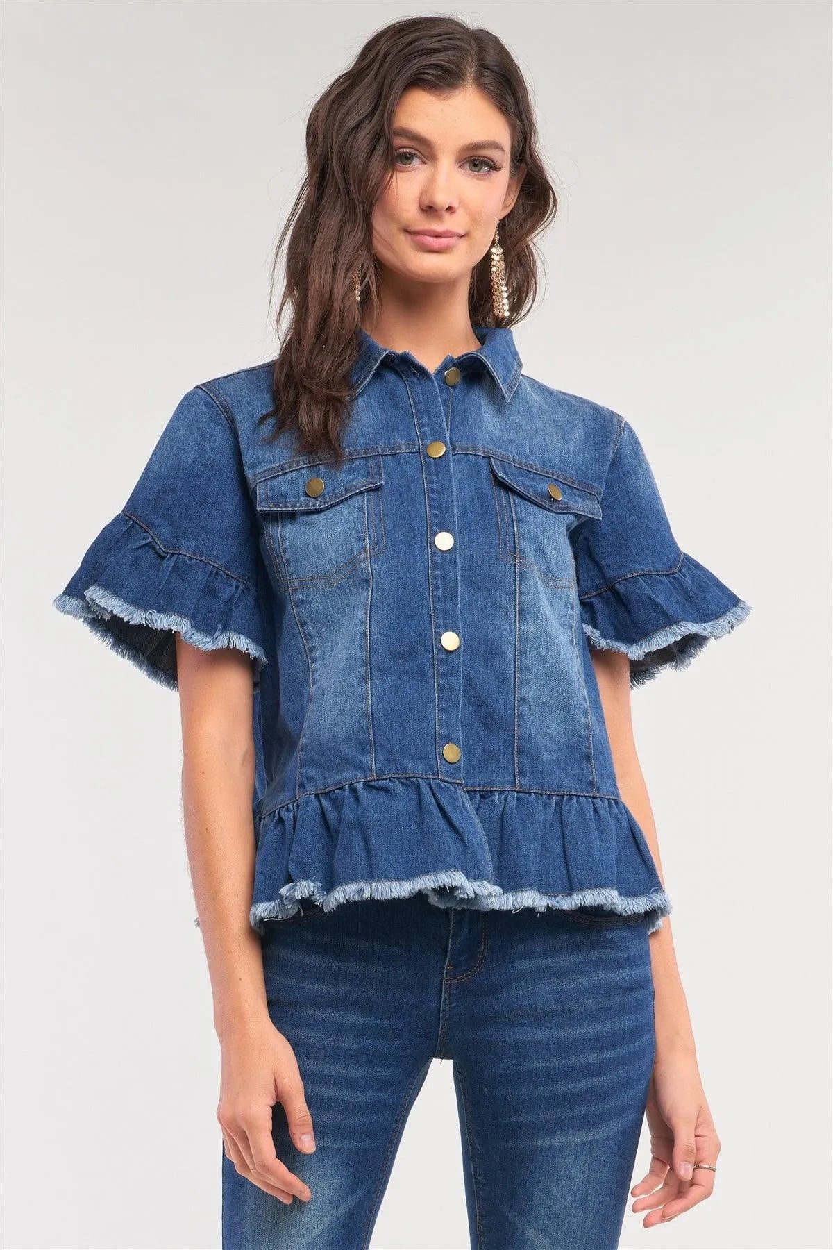 Medium Blue Washed Denim Effect Short Sleeve Button-Down Front Flare Shredded Hem Shirt Jacket /2-1-3 - Tasha Apparel Wholesale
