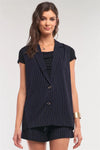 Navy Pinstriped Blazer Vest Top And High Waisted Mini Shorts Two-Piece Set /1-2-2-1 - Tasha Apparel Wholesale