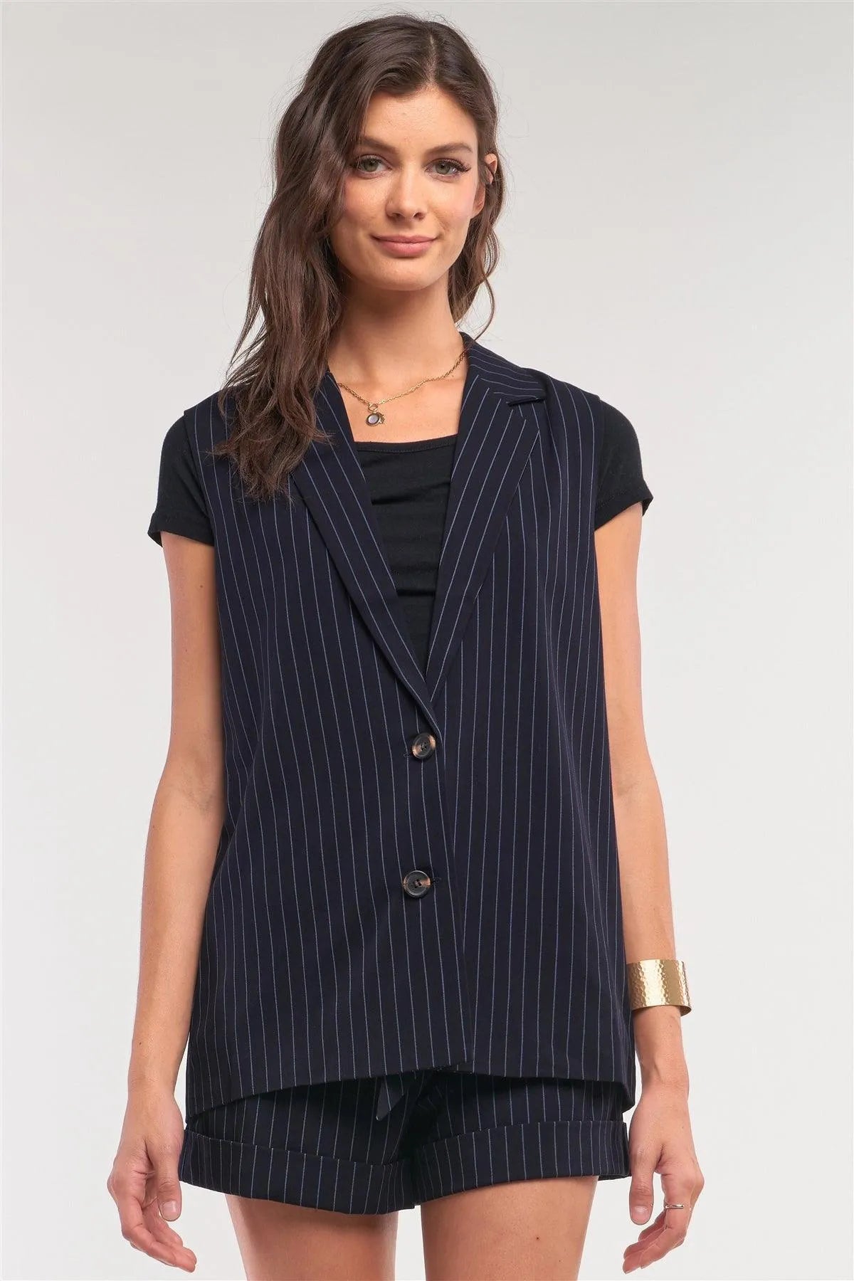 Navy Pinstriped Blazer Vest Top And High Waisted Mini Shorts Two-Piece Set /1-2-2-1 - Tasha Apparel Wholesale