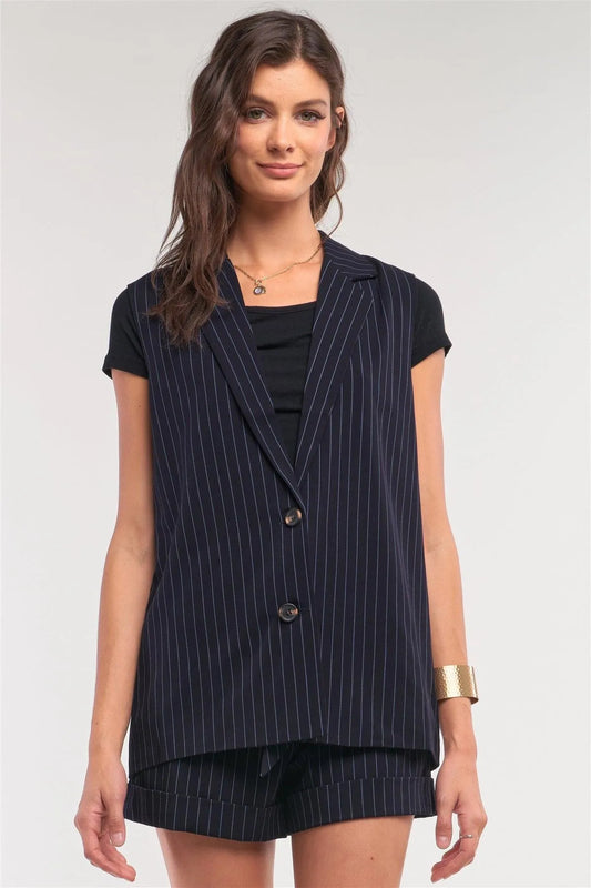 Navy Pinstriped Blazer Vest Top And High Waisted Mini Shorts Two-Piece Set /1-2-2-1 - Tasha Apparel Wholesale