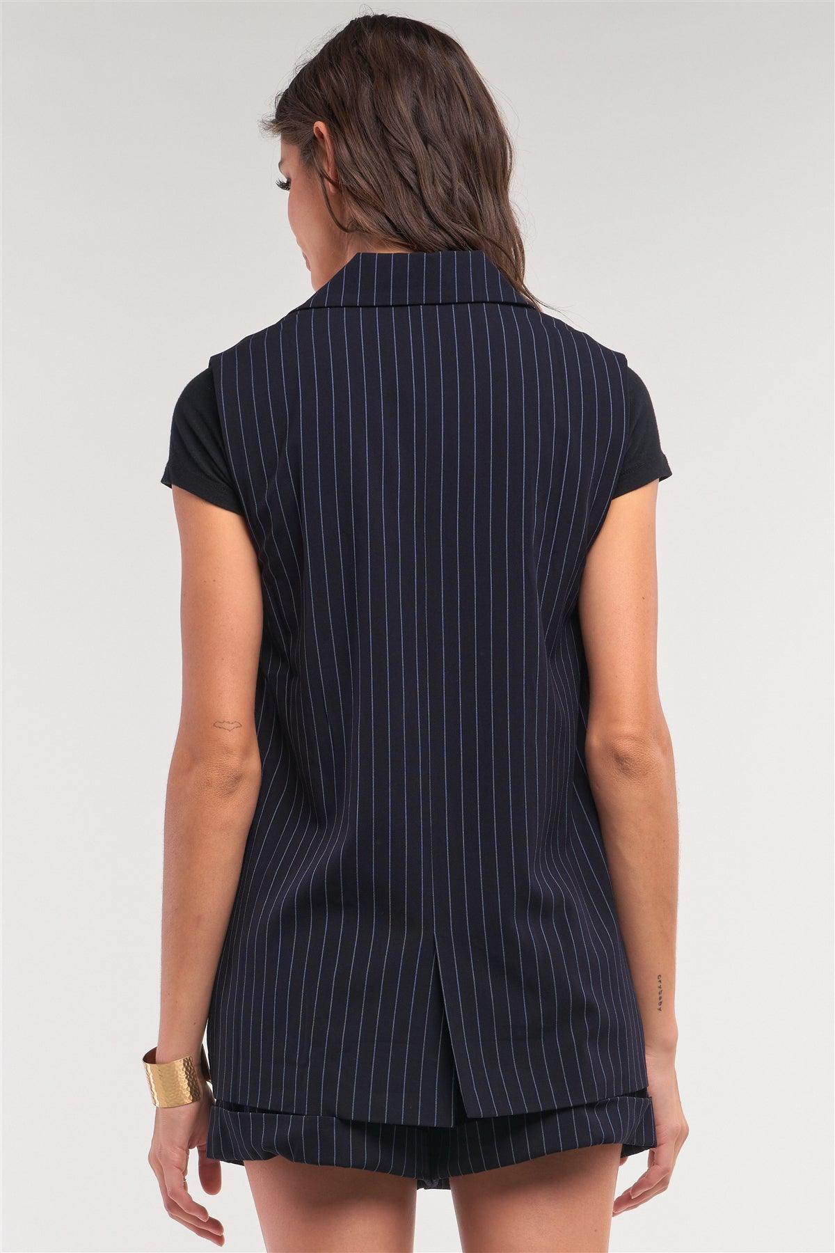 Navy Pinstriped Blazer Vest Top And High Waisted Mini Shorts Two-Piece Set /1-2-2-1